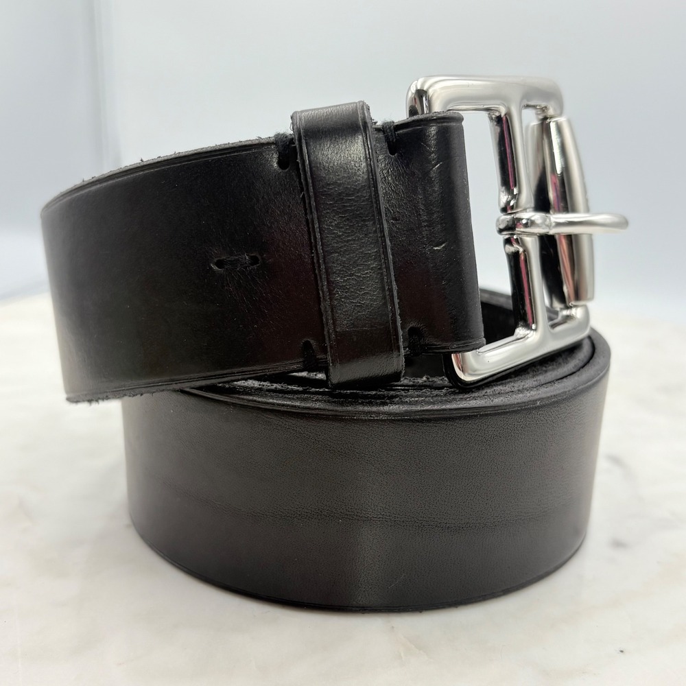 Polo Ralph Lauren Leather Belt Womens XL Black Silver Roller Buckle Classic CBK - Picture 2 of 12